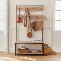 2-level metal and wood-effect hallway unit with 7 hooks, Natural