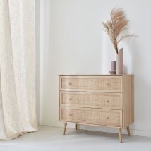 Wood and cane rattan detail 3-drawer chest, Wood