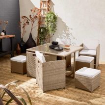 4 to 8-seater rattan cube table set with chairs, Natural