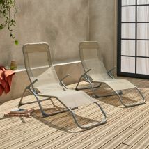 Pair of textilene sun loungers, 2 reclining positions, Beige-brown