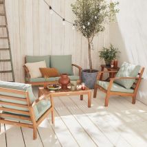 Conjunto de jardín de madera 4 plazas - Ushuaïa - Cojines verde grisáceo, sofá de madera de acacia, sillones y mesa de centro | sweeek