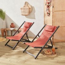 Pair of aluminium and textilene deck chairs with headrest cushions, Terracotta