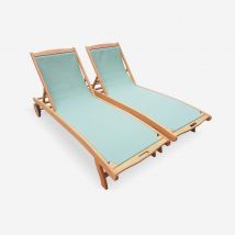 Pair of wooden and textilene sun loungers, Sage Green