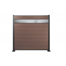 WPC Zaun, braun, Komplettset mit Designelement aus Kunstglas (Sicherheitsglas), 20 mm (Stärke) x 1800 mm (Breite) x 1850 mm (Höhe), Sichtschutz / Steckzaun / Modulares Zaunsystem inkl. Start- und Abschlussprofil (Serie WoodoNorderney+ ohne Pfosten)