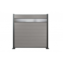 WPC Zaun, grau, Komplettset mit Designelement aus Kunstglas (Sicherheitsglas), 20 mm (Stärke) x 1800 mm (Breite) x 1850 mm (Höhe), Sichtschutz / Steckzaun / Modulares Zaunsystem inkl. Start- und Abschlussprofil (Serie WoodoNorderney+ ohne Pfosten)