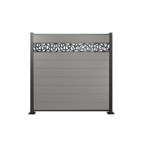 Kit Clôture composite, gris,  avec élément design, 20 mm (épaisseur) x 1800 mm (largeur) x 1850 mm (hauteur), brise-vue emboîtable / système de clôture modulaire avec profil de départ et de finition de fin (série WoodoNorderney+ sans poteaux)