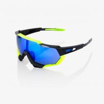 Lunettes 100% Speedtrap Poli noir mat et jaune fluo avec miroir bleu électrique