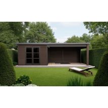 Gartenhaus aus WPC Meaudre mit Terrasse rechts 28 mm in Holzoptik PREMIUM | Pultdach | Nussbaum | 688x290cm, 19.95m2
