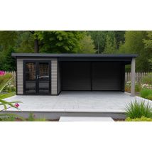 Gartenhaus aus WPC AUTRANS mit Terrasse rechts 28 mm in Holzoptik PREMIUM | Pultdach | Mausgrau | 623.5x223cm, 13.90m2