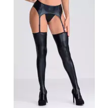 Lovehoney Lingerie, Fierce Black Wet Look Thigh High Stockings, Garter Belt & Thong, One Size - Amorana