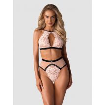 Obsessive - Lilines Dessous Set - Hellrosa mit schwarzem Besatz - L/XL - Polyamid