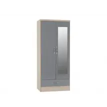 Seconique Nevada Grey Gloss and Oak 2 Door 1 Drawer Mirrored Wardrobe
