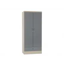 Seconique Nevada Grey Gloss and Oak 2 Door 1 Drawer Wardrobe