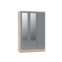 Seconique Nevada Grey Gloss and Oak 3 Door 2 Drawer Mirrored Wardrobe