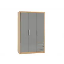 Seconique Seville Grey High Gloss and Oak 3 Door 2 Drawer Wardrobe