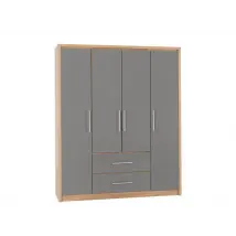 Seconique Seville Grey High Gloss and Oak 4 Door 2 Drawer Wardrobe