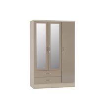 Seconique Nevada Oyster Gloss and Oak 3 Door 2 Drawer Mirrored Wardrobe