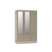 Seconique Nevada Oyster Gloss and Oak 3 Door 2 Drawer Mirrored Wardrobe