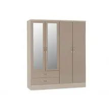 Seconique Nevada Oyster Gloss and Oak 4 Door 2 Drawer Mirrored Wardrobe