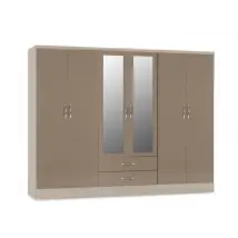 Seconique Nevada Oyster Gloss and Oak 6 Door 2 Drawer Mirrored Wardrobe