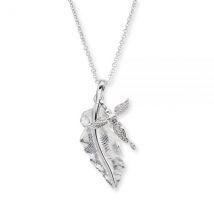 Angel Whisperer Silver Feather and Angel Pandant Necklace - Silver
