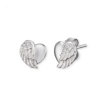 Angel Whisperer Silver Heart Wing Stud Earrings - Silver