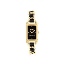 Coach Gold Cadie Black Rectangle Chain Leather Strap Watch - Gold