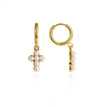 Over & Over Gold Stainless Steel Cross Pearl Hoop Earrings - Gold