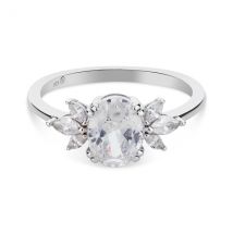 Argento Silver CZ Floral Cluster Oval Solitaire Ring - 56