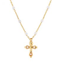 August Woods Gold Vintage Pearl Chain Cross Necklace - 40cm