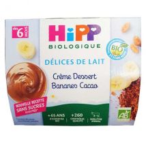 Hipp Bio Délices de Lait Coupelle Crème Dessert Banane Cacao +6m 4 x 100g - Dessert Lacté -