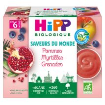 Hipp Bio 100% Fruits Coupelle Pommes Myrtilles Grenades +4m 4 x 100g