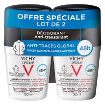 Vichy Homme Déodorant Anti-Transpirant Anti-Traces 48h Roll-On Lot de 2 x 50ml - Anti-Traces, Anti-transpirant -