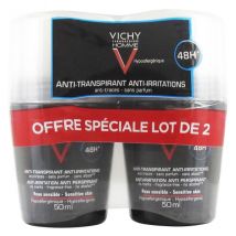 Vichy Homme Déodorant Anti-Transpirant Anti-Irritations 48h Roll-On Lot de 2 x 50ml - Peau Sensible -
