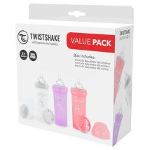 Twistshake Biberon Pack ECO Anti-colique Rose/ Violet/ Blanc +2m 260ml Lot de 3