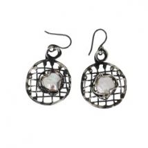 Boucles d'oreilles en argent noirci rond quadrillage et perle
