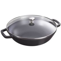 Wok fonte Staub 30cm + couvercle en verre + grille