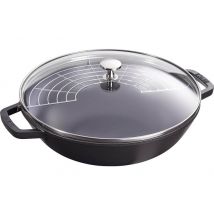 Wok fonte Staub 30cm + couvercle en verre + grille Noir