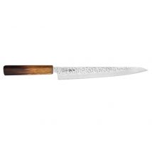 Couteau japonais artisanal sujihiki Wusaki Yaketa AUS10 lame damassée martelée 24cm
