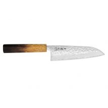 Couteau santoku japonais artisanal Wusaki Yaketa AUS10 lame damassée martelée 16,5cm