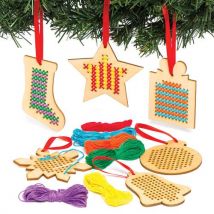 Christmas Wooden Decoration Cross Stitch Kits (Pack of 6) Christmas Crafts,  Thread & Plastic Needles Included