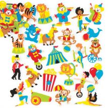 Circus Stickers - 120 Circus Foam Stickers. 30 assorted designs printed on white self-adhesive foam. Sticker size 35mm-50mm.