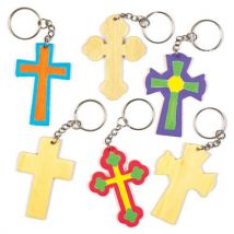 Cross Wooden Keyrings (Pack of 8) 4 Assorted Designs, Approx 6.5cm, Metal Keyring Included, Decorate & Personalise