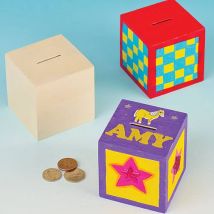 Wooden Money Boxes - 2 Boxes. Design your own money box with this plain wood 8.5cm cubes.