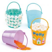 Mini Buckets - 6 Small Plastic Buckets for Party Favours. Ideal for Seaside themed parties. 6 colours: pink, yellow, orange, blue, green & lilac.