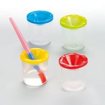 Water Pots - Transparent plastic painting water pots with 4 assorted lid colours. Each pot 75mm high. Easy to clean with mess free lids.