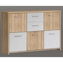 Commode 5 portes 2 tiroirs Quadro Chêne clair / blanc - 77.5 x 114 x 29.5cm - Basika