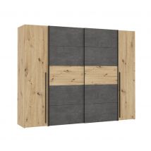 Armoire 2 portes coulissantes+ battantes Narago Chene/béton foncé - 210 x 270 x 61cm - Basika