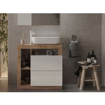 Meuble de salle bain 2 tiroirs et 3 niches Fribourg Chene/blanc brillant - 79 x 79 x 49cm - Basika
