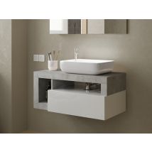 Meuble de salle bain 1 tiroir 2 niches suspendu Fribourg blanc/béton Béton/blanc brillant - 47 x 92 x 49cm - Basika